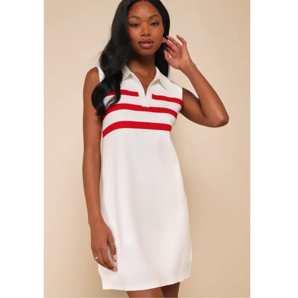 Lulus Striped Sleeveless Sweater Dress Womens M White Red Polo Collar Knit Mini